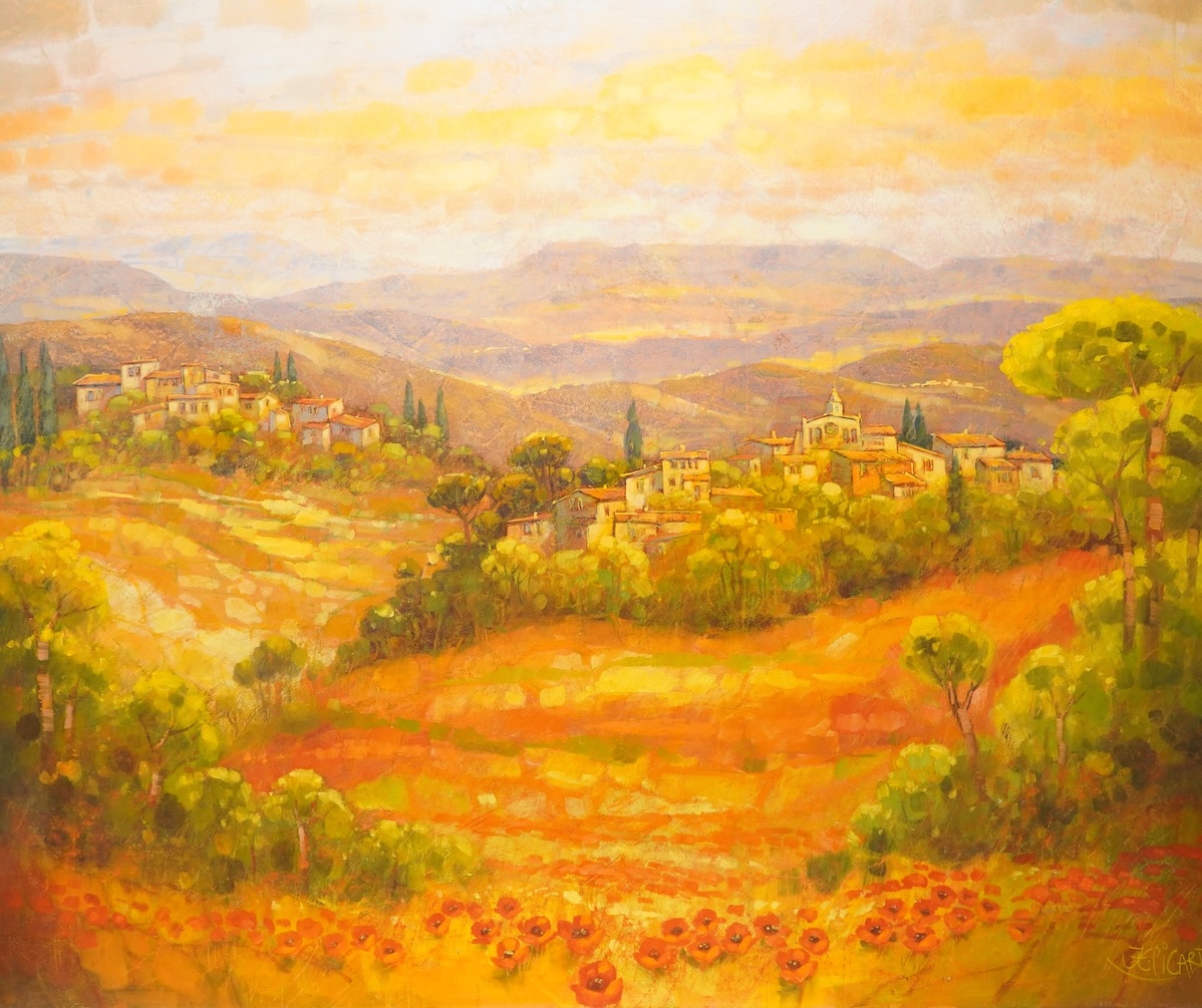 Jean Claude Picard (b.1940), Mediterranean landscape with villas, signed, oil on canvas, unframed, 100 x 120cm